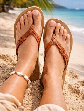 Flojos Leather Flip Flops Sandals Size 8 Brown Braided Strap Beach Boho Casual